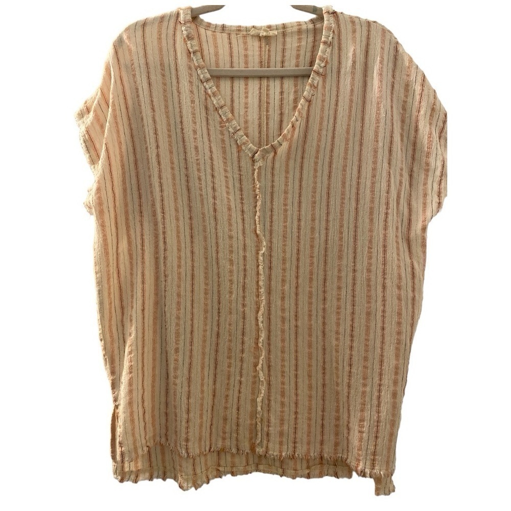 LE MIEL top, all cotton, raw hems, pink and cream stripes, short sleeves. Size L